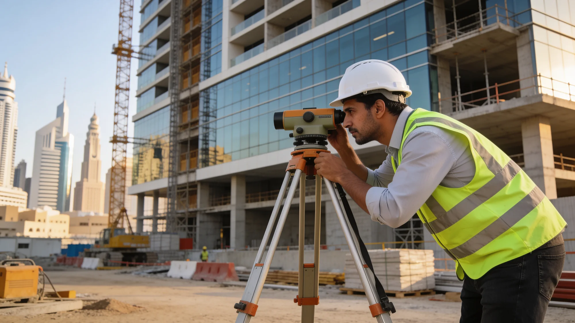 Fit-out contractor Dubai — a site engineer taking levels in front of a Dubai tower under construction