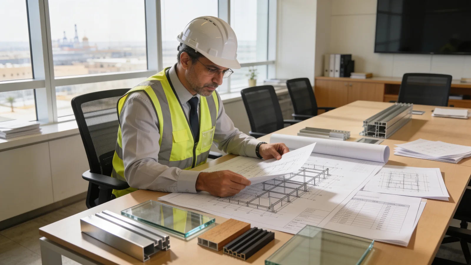 An engineer reading facade drawings at a meeting table, with aluminium profile samples laid out beside them