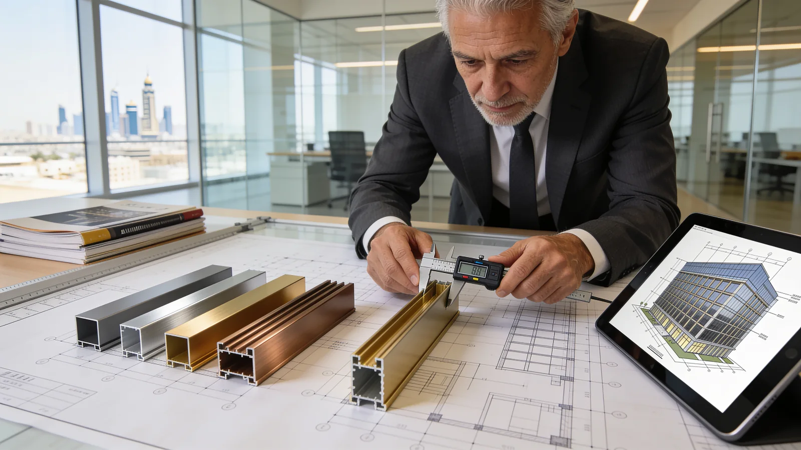 Aluminium profile samples measured with digital callipers over facade drawings, beside a 3D facade model on a tablet