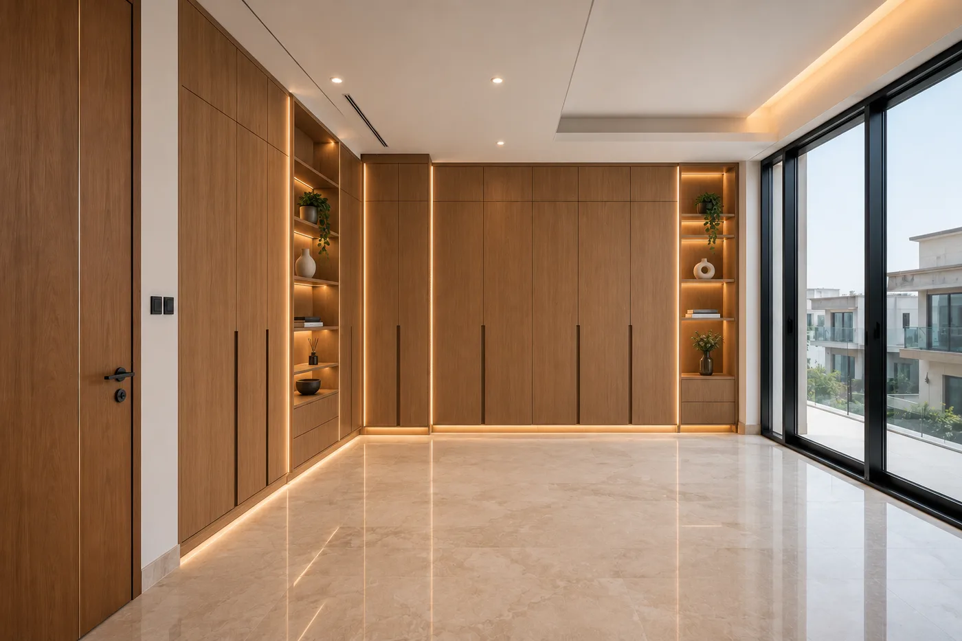 The same bedroom wall after the work — a full-height fitted wardrobe run with lit display niches