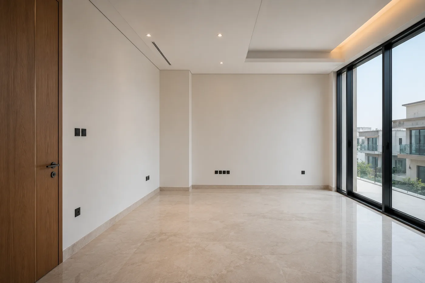 Bedroom wall before the work — bare plaster and sockets beside a glazed wall, with no storage
