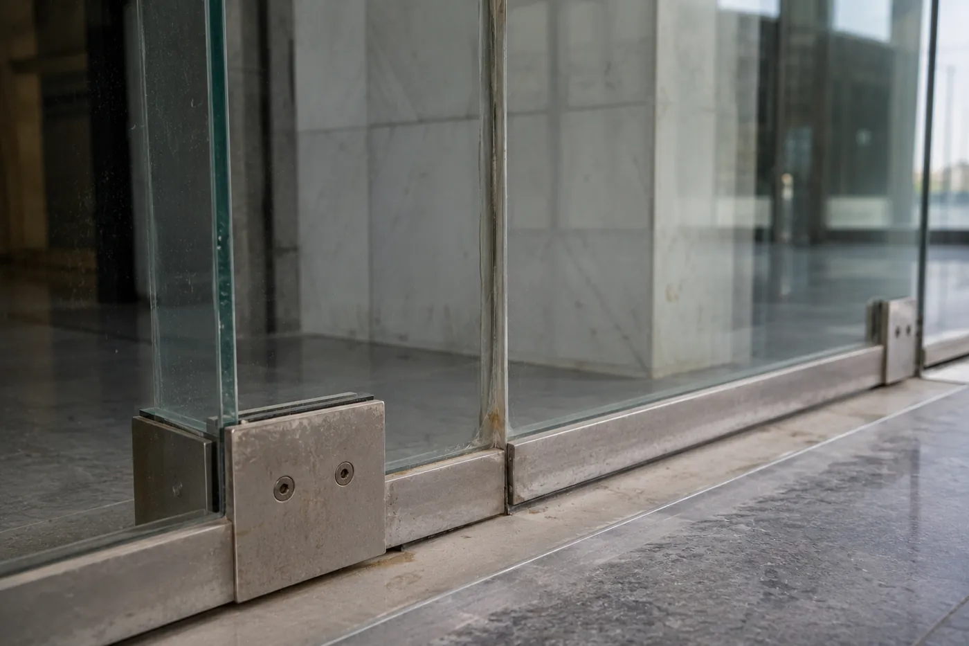 Frameless glass assembly before the work — clouded panes and stained patch fittings at the floor channel