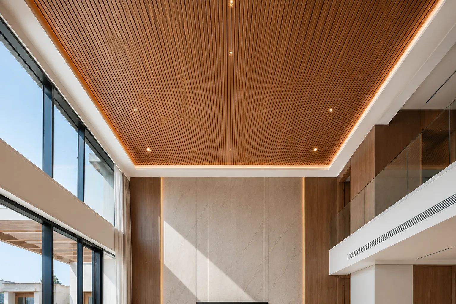 Slatted timber ceiling running across a double-height space towards a full-height glazed wall
