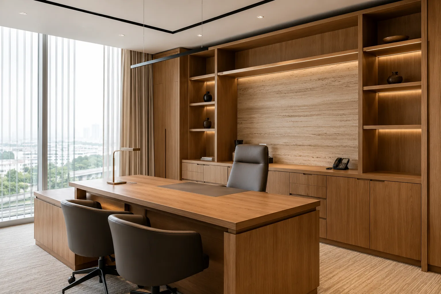Commercial office joinery — a fitted timber desk against a full-height shelving wall with lit niches