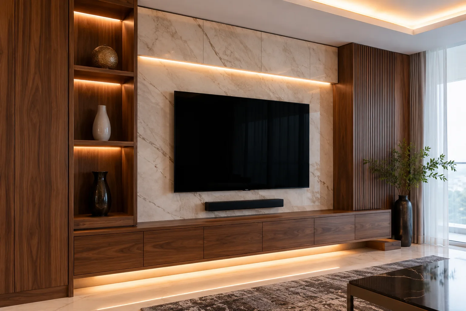 Media wall in walnut and marble with a wall-mounted screen, lit display niches and low cabinetry — custom joinery in Dubai