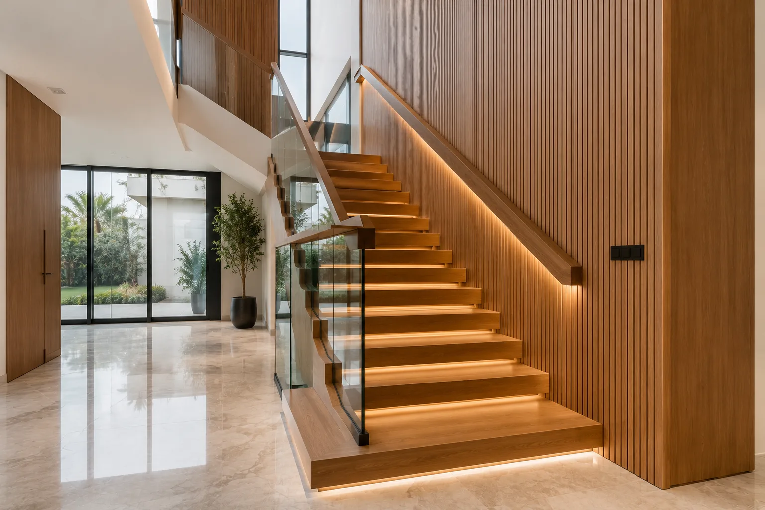 Staircase clad in timber with a slatted wall alongside and a frameless glass balustrade