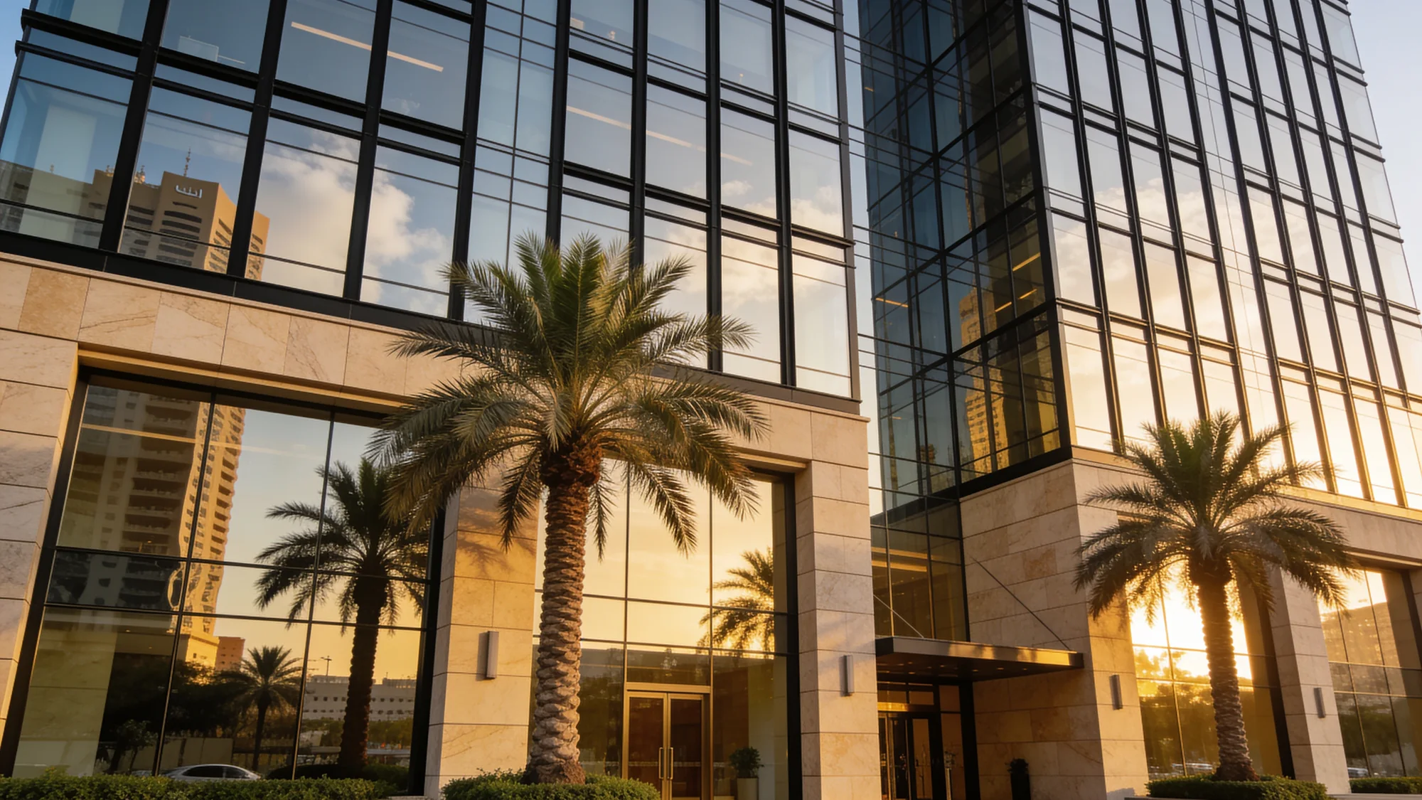 Glazed facade above a stone base with palms in low sun — glass works in Dubai