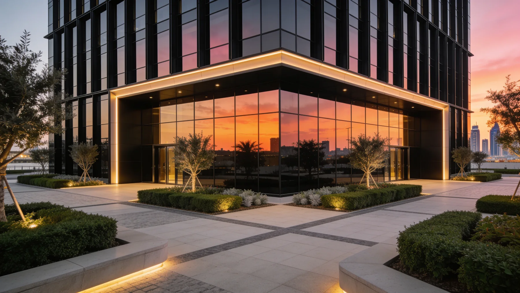 Black curtain-walled office corner reflecting a sunset, with a lit soffit over a landscaped plaza