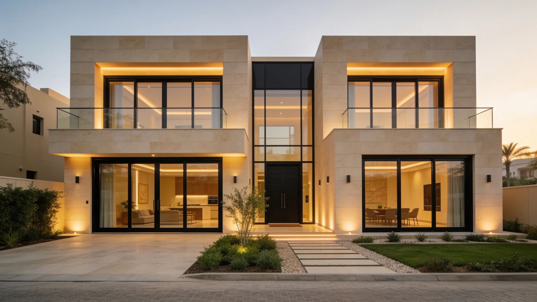 Villa elevation at dusk with black aluminium sliding doors, a tall glazed entrance and glass balustrades