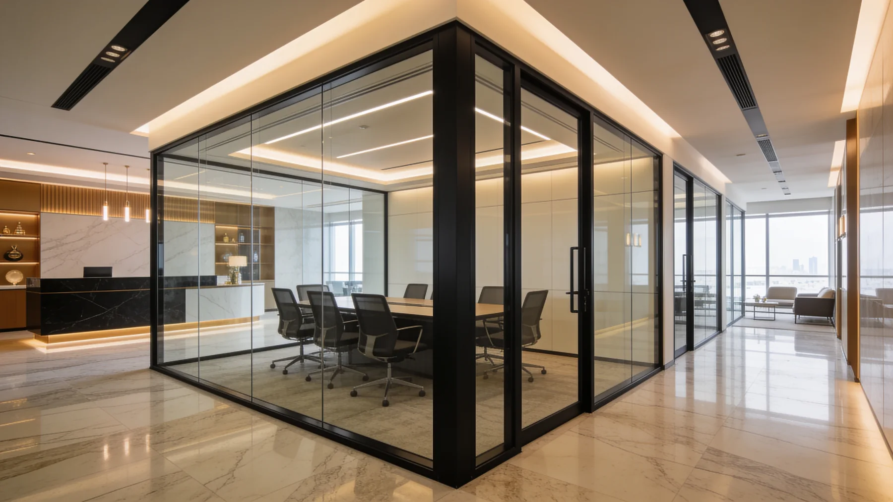 Frameless glass meeting-room partitions with slim black framing in a marble-floored office
