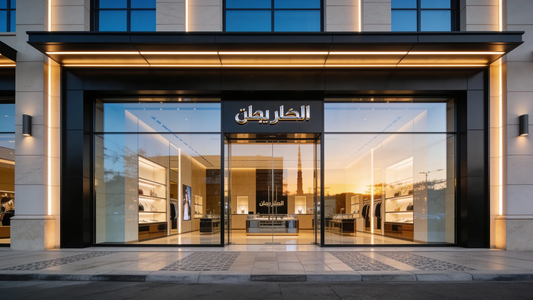 Retail shopfront glazing with a black frame and stone surround, lit from within at dusk