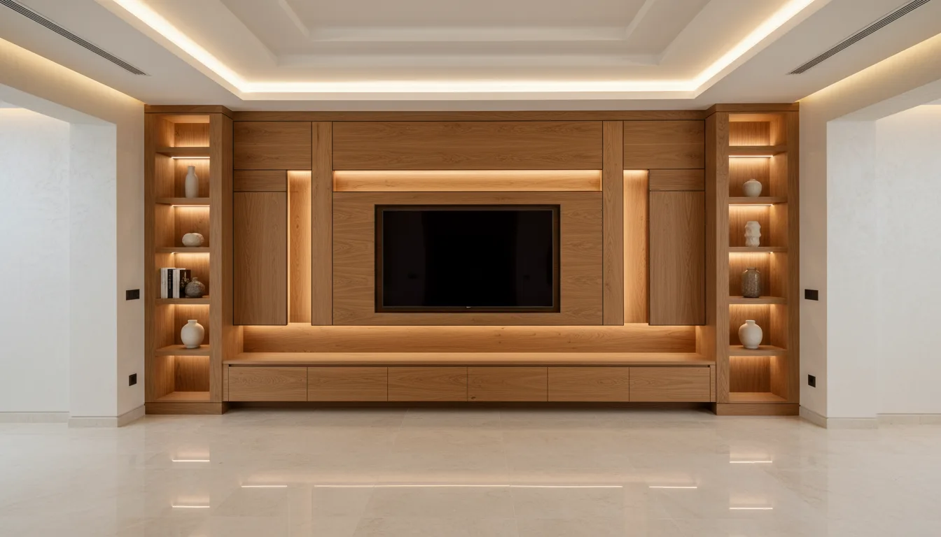 Custom carpentry finishing in a Dubai renovation — a walnut media wall and fitted joinery with integrated lighting