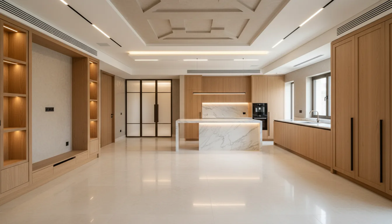 Home renovation in a Dubai villa — a refinished living area with new flooring, ceiling detailing, lighting and built-in joinery