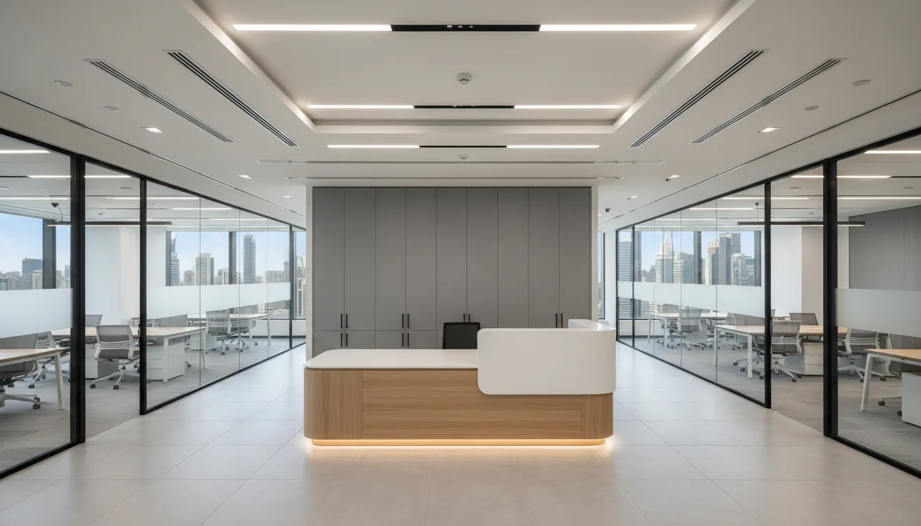 Office renovation in Dubai — a commercial workspace with glass partitions, a reception counter, new ceiling, lighting and flooring
